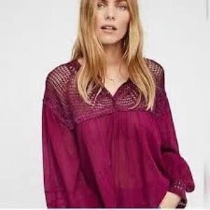 Free People | Early Frost Blouse Small Crochet Long Sleeve Boho Top in Plum | S